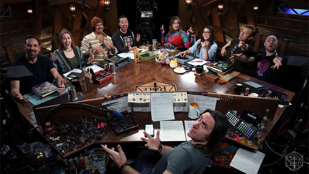 CriticalRole's tweet photo. THE FATED FINALE BEGINS! 🎲 ✨ 

TEN YEARS of tales and countless rolls of the dice collide as Bells Hells come before the Gods of Exandria and #CriticalRole Campaign 3's legendary final episode starts RIGHT NOW! 🔔🔥 

TAKE A SEAT AT OUR TABLE ⬇️
https://t.co/C3HJMLjqnH
https://t.co/l2eD4Wt3W4
https://t.co/7PBSApnyj5