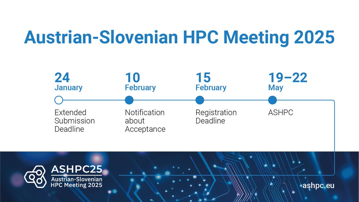 🚨 ASHPC25🇦🇹🇸🇮 Registration Deadline: 15 February 

Join us at beautiful 🏞Rimske Terme, Slovenia, from 19-22 May 2025 for ASHPC25! Explore the latest in HPC with keynote speakers.

Don’t miss out – register by 15 February and secure your spot! ashpc.eu/event/25/