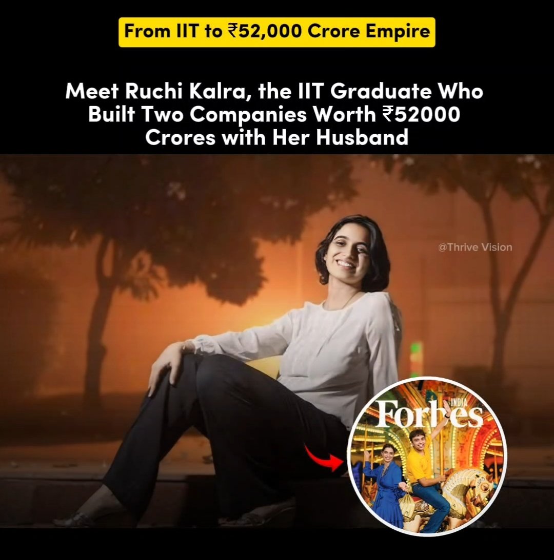 Thrivevizion's tweet photo. IIT grad Ruchi Kalra built a ₹52,000 crore empire with her husband. A true example of vision and hard work.

#IIT #Entrepreneurship #Success #WomenInBusiness #Startup #Inspiration https://t.co/FMupQApZJC