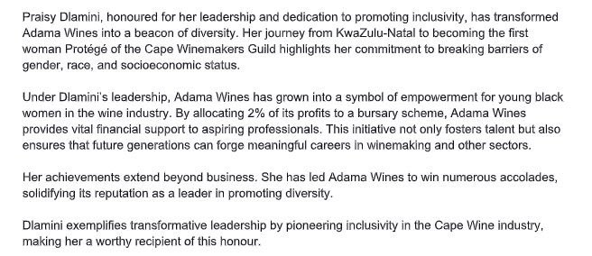 Praisy Dlamini, CWG's first female Protégé and Trustee of the CWG Development Trust has received an award at the Harvest Commemorative Event!