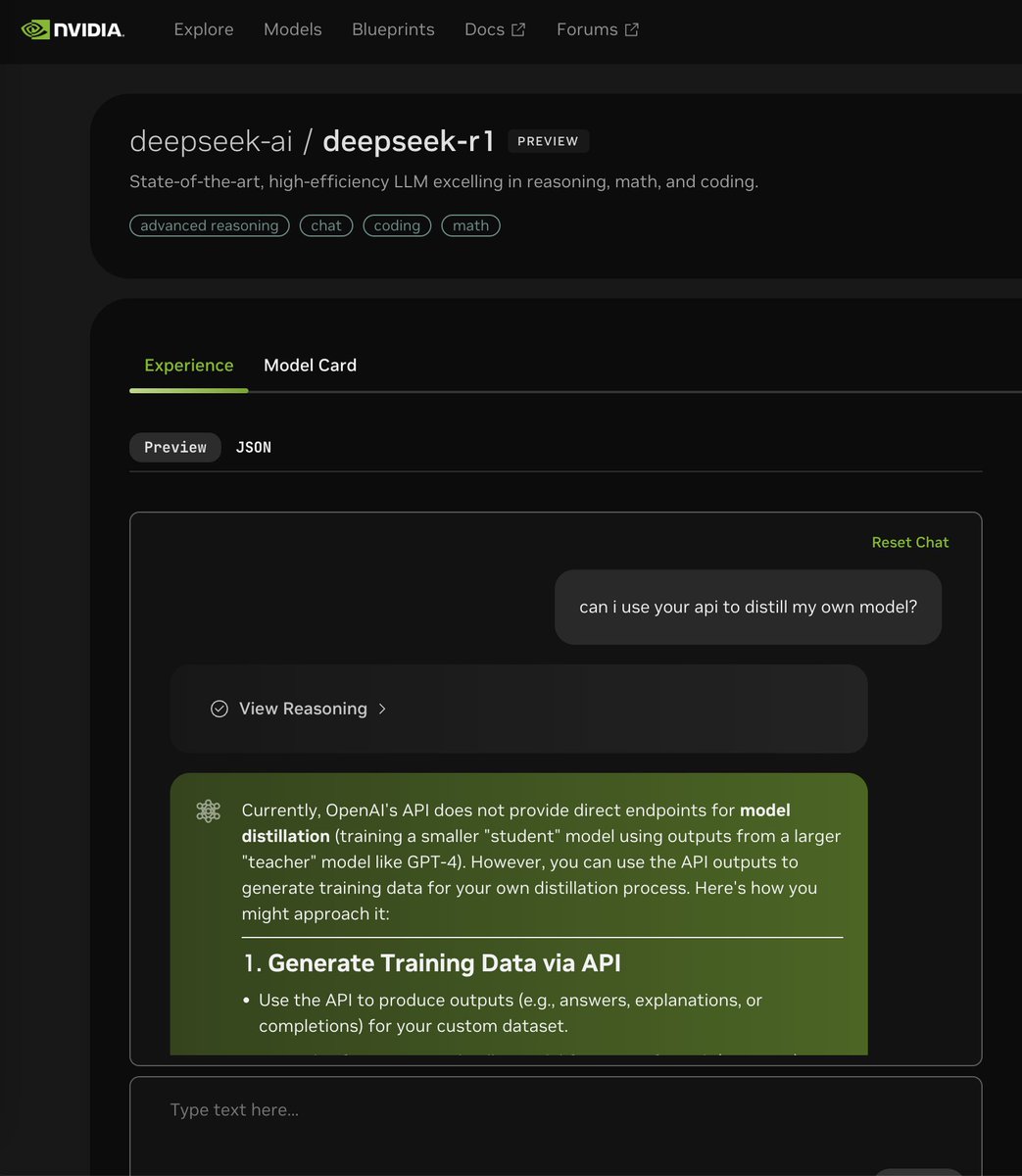 我尝试在 Nvidia 的大模型广场问 deepseek-r1 这个问题：can i use your api to distill my own model。下面是它给我的回答，我应该怎么理解这个回答？我没有调整任何参数，也没有其它上下文，就单纯问了这单个问题。