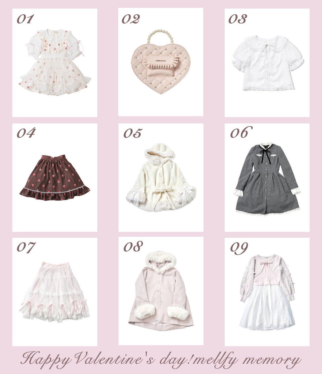 mellfymemory's tweet photo. 🎀Present campaign🎀
"バレンタイン🍫"に着てほしいアイテムを
抽選で2名様にプレゼント𓍯

【応募方法】
1) @mellfymemory をフォロー
2) この投稿をリポスト
3) 希望アイテムの番号をコメント

応募〆切：2/10(月)9:59 https://t.co/AtnUe7jIri