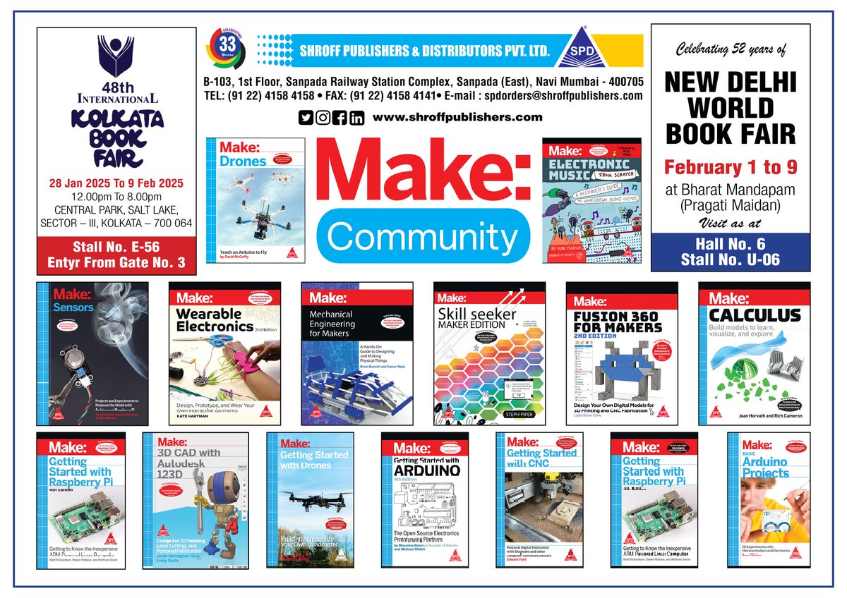 shroffpub's tweet image. Make Community Books Available at New Delhi World Book Fair 2025 & International Kolkata Book Fair 2025!
#arduino #arduinoproject #drones #raspberrypi #calculus #ataltinkeringlabs #skillseeker #3dprinting #shroffpublishers