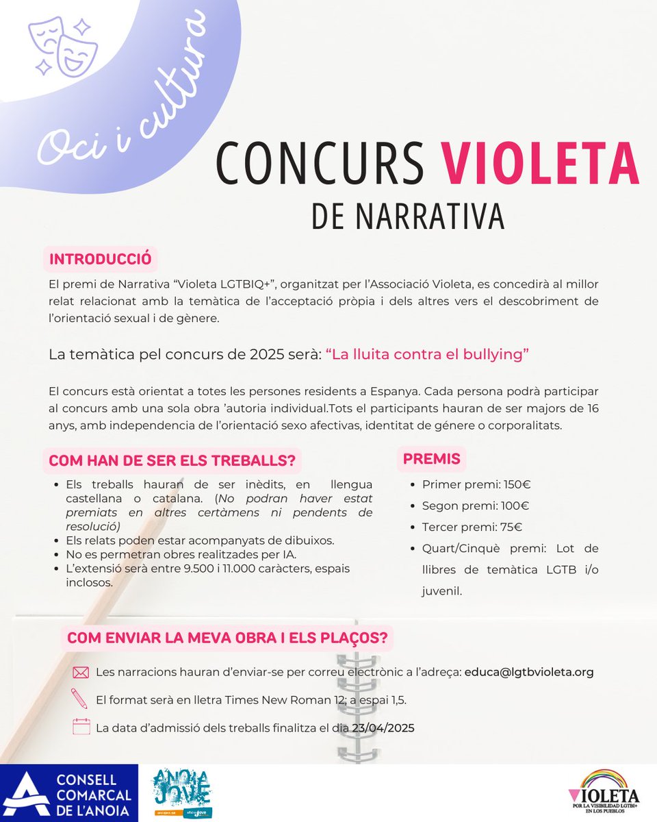 🌈📖 T'agrada escriure? Tens una història per explicar?

📌 Tema 2025: La lluita contra el bullying
🏆Premis: Fins a 150€ + lots de llibres!
📅 Data límit: 23 d’abril de 2025

📩 Envia la teva obra a: educa@lgtbvioleta.org

🔗 Més info a @lgtb_violeta
