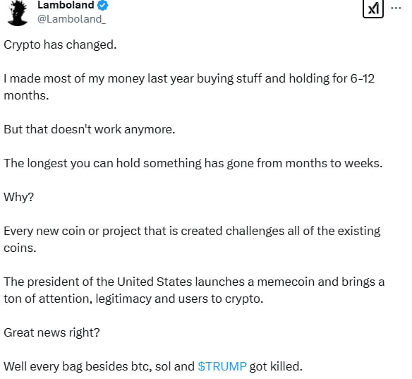 OnchaINTEL's tweet photo. Crypto has changed.

Last year, holding coins for 6-12 months made solid gains.

Now? That window has shrunk to weeks, maybe days.

New projects constantly challenge old ones. 
Even a U.S. president launched a meme coin.

Result? everything else wrecked. 😬
$TRUMP $XION $MONKY https://t.co/ezs2Q3RNaf