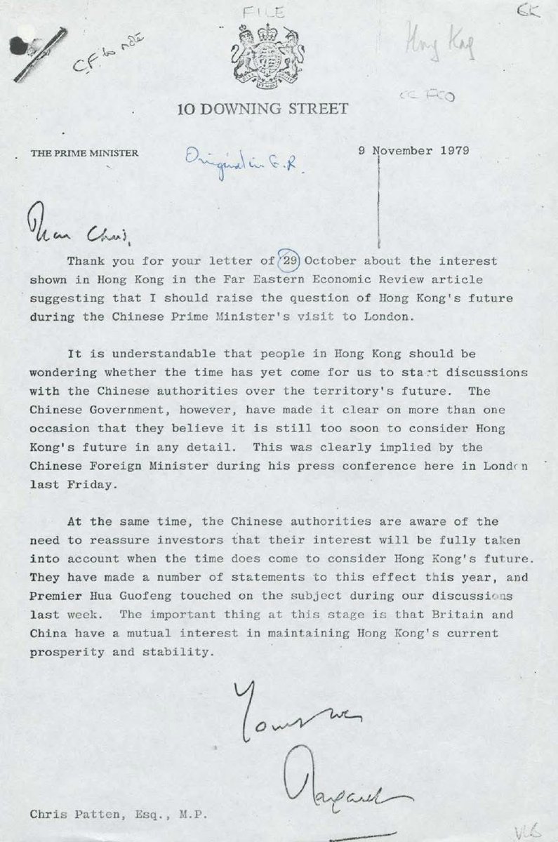 Langley02_'s tweet image. According to declassified #British documents, Chris #Patten MP wrote an article in the Far Eastern Economic Review in 1979, he said that the British Prime Minister Margaret #Thatcher should discuss the future of #HongKong when the Chinese Premier (Hua Guofeng) visited Britain.