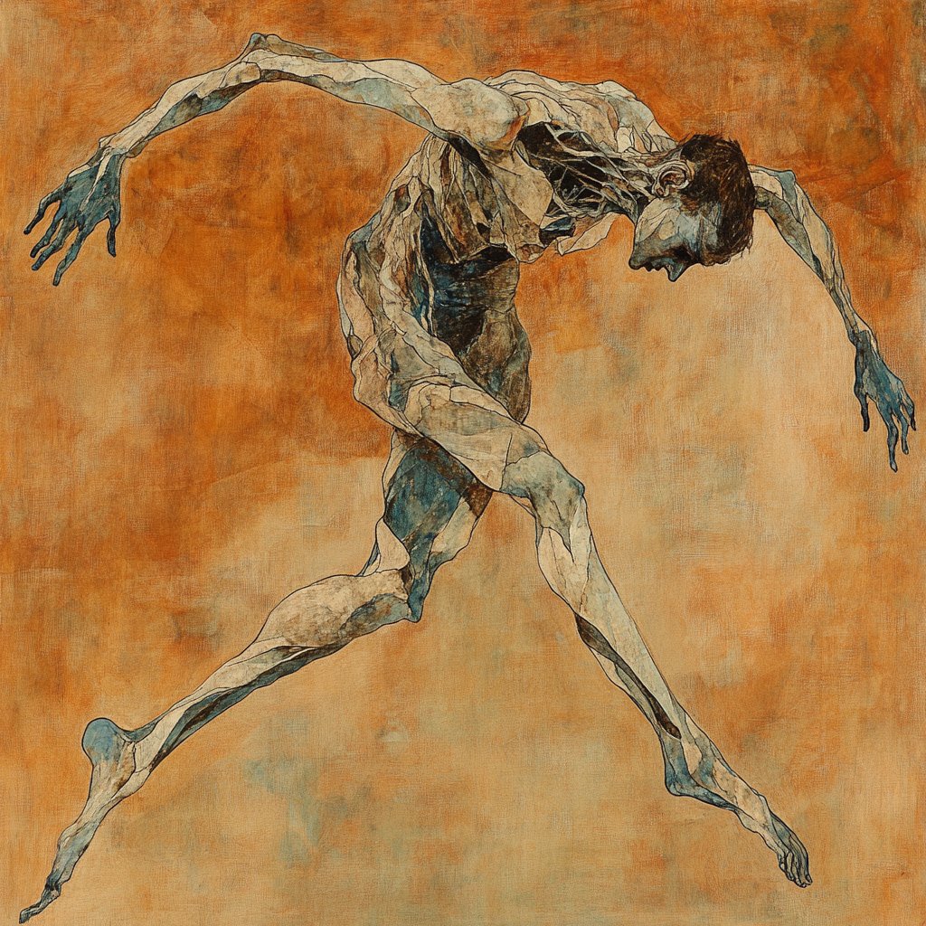 Gsdata5566's tweet photo. A leap of vulnerability and strength. This figure, fragmented yet whole, embodies the perpetual dance between struggle and liberation. What do you see in this motion? #criticalrolefanart #EmotiveArt #Freedom #AbstractFigures https://t.co/XJdXBvwrsr