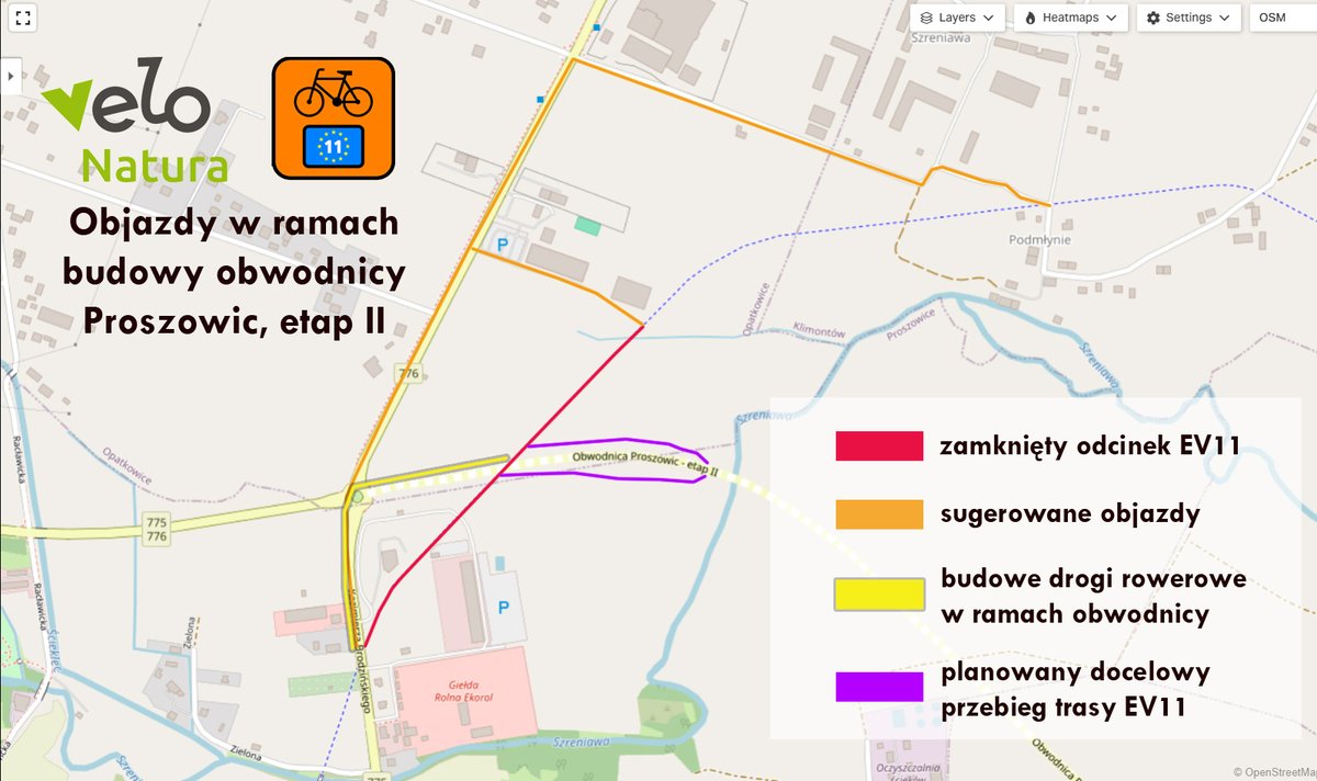 Uwaga! Zamknięcie ok. 1 km #EuroVelo11 w #Proszowice z powodu budowy II etapu obwodnicy tego miasta. Na razie objazdy w ruchu ogólnym, docelowo pod nowym mostem na Szreniawie. Więcej info i zdjęć na 
facebook.com/velomalopolska…