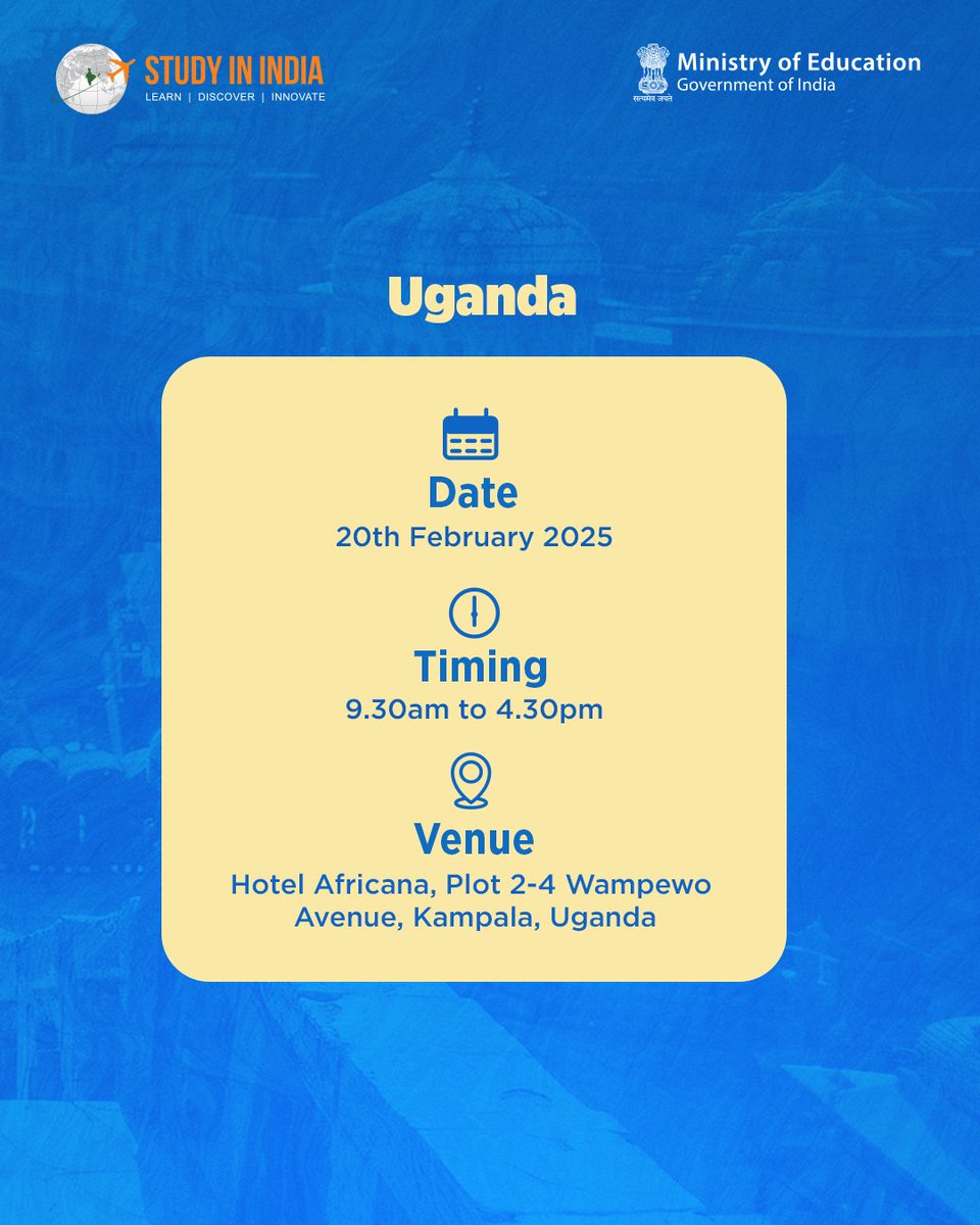StudyInIndiaGov's tweet photo. Hello prospective students of Africa, attend the fair &amp; get all your study abroad questions answered.

Apply now: https://t.co/eqZV5b8mcA

#SayYESToStudyInIndia #StudyinIndia #Indiaeducation #StudyAbroad #Opportunities #QualityEducation #EducationFair #Kenya #Uganda #Rwanda https://t.co/G79kLKM4pI