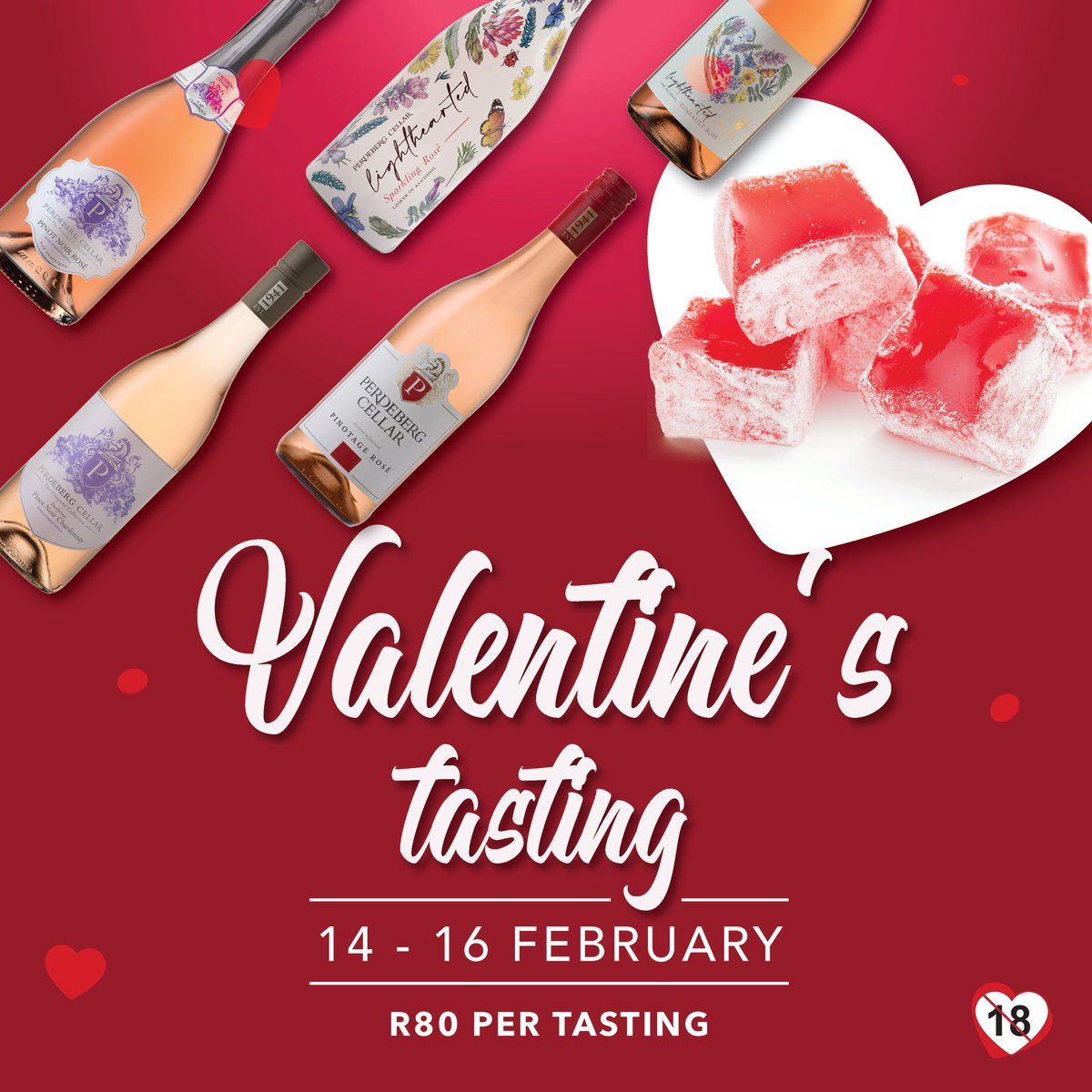 Love is in the air!

Celebrate Valentine’s with a Rosé &amp; Turkish delight pairing at Perdeberg Cellar, 14–16 Feb, 10:00–16:00. 💕🥂

#PerdebergWines #PaarlWineRoute