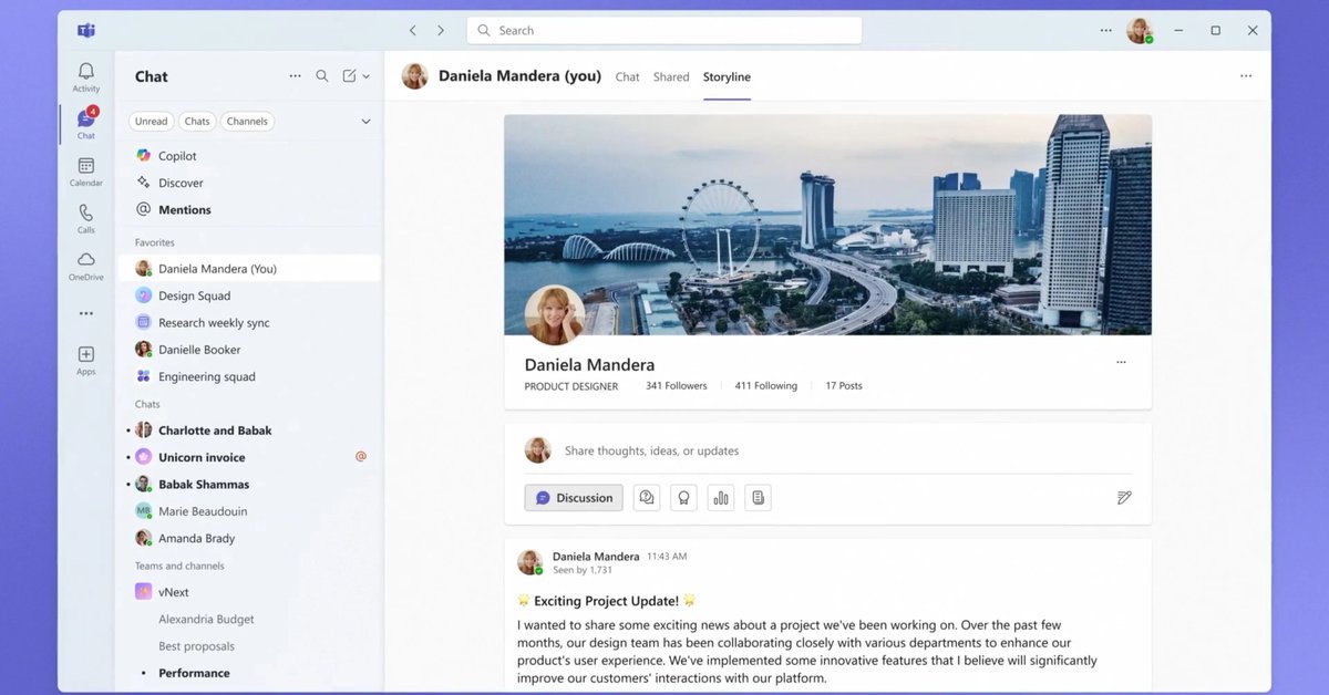 melanews's tweet image. 🔄 Teams si rinnova con Storyline: un feed in stile Facebook per condividere annunci e progetti aziendali. Basato su Viva Engage, permetterà interazioni tra colleghi come post e commenti, integrandosi direttamente nell&apos;interfaccia principale 👥 #MicrosoftTeams #WorkplaceComms