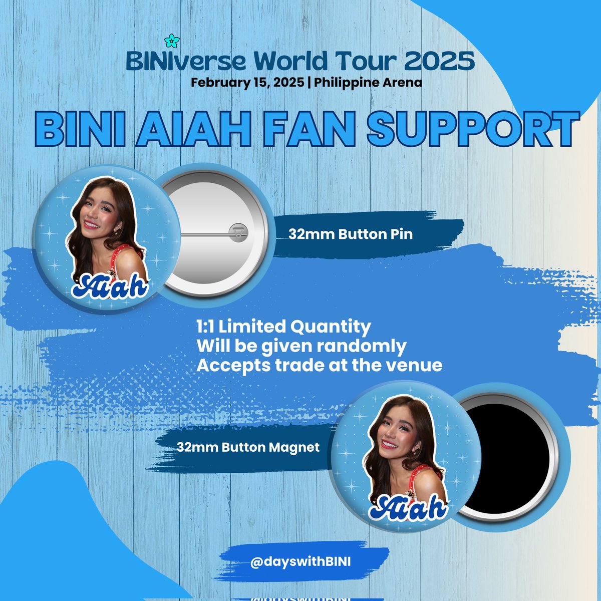 dayswithBINI's tweet photo. BINIVERSE WORLD TOUR 2025 | A Fan Support for @bini_aiah

❀ 1:1 Limited Quantity
❀ Will be given randomly
❀ Accepts trade at the venue

❀ Like &amp; RT this post
❀ Look for @nakonakonakoo on D-Day

🗓️ 02.15.2025 (SAT)
⏰ TBA
📍 TBA

#BINI_Aiah #BINI #BINIVerseWorldTour2025 https://t.co/M0VTby3KET