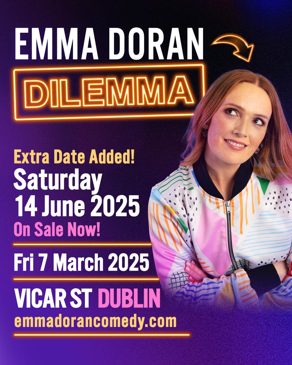 ★ ★ 𝗘𝗫𝗧𝗥𝗔 𝗗𝗔𝗧𝗘 𝗔𝗗𝗗𝗘𝗗 ★ ★ 

Due to demand, <a href="/EmmaLouDoran/">Emma Doran Comedian</a> has just added an extra date for her show 'Dilemma' in <a href="/Vicar_Street/">Vicar St</a> on Saturday 14 June 2025! 😅🙌

🎟️ On sale now ~ bit.ly/3KQBAHp