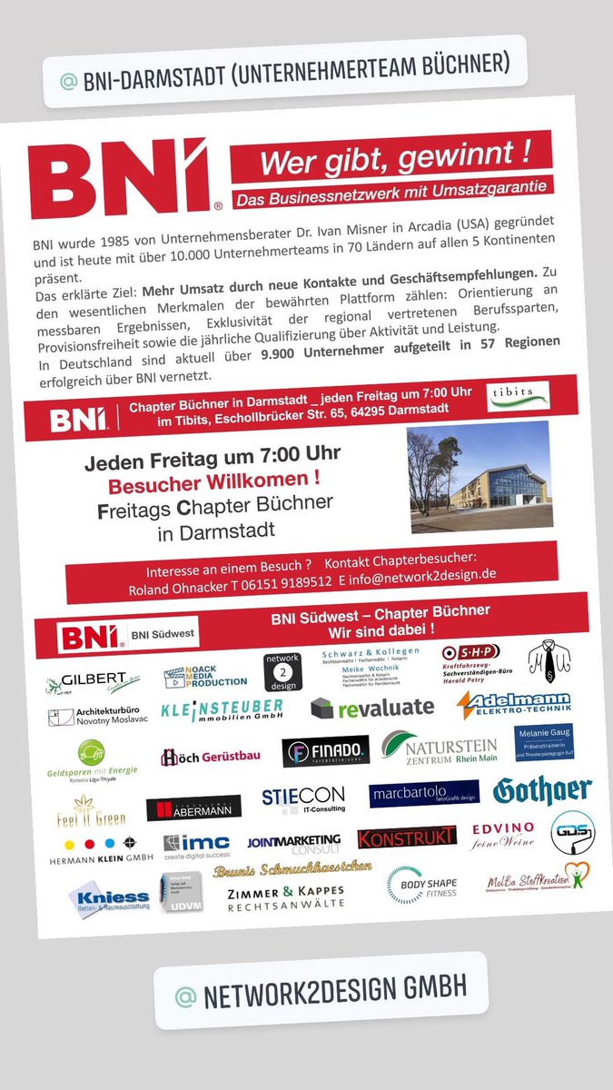 roland40's tweet photo. BNI-Unternehmerteam Büchner aus Darmstadt feiert 20. Geburtstag
Mit besonderen Gästen begeht das BNI-Unternehmerteam Büchner am 04.02.2025 sein 20-jähriges Jubiläum.

Kontakt für Rückfragen:
Roland Ohnacker
info@network2design.de 
M 01634003222 https://t.co/8ZJ68DDcOq