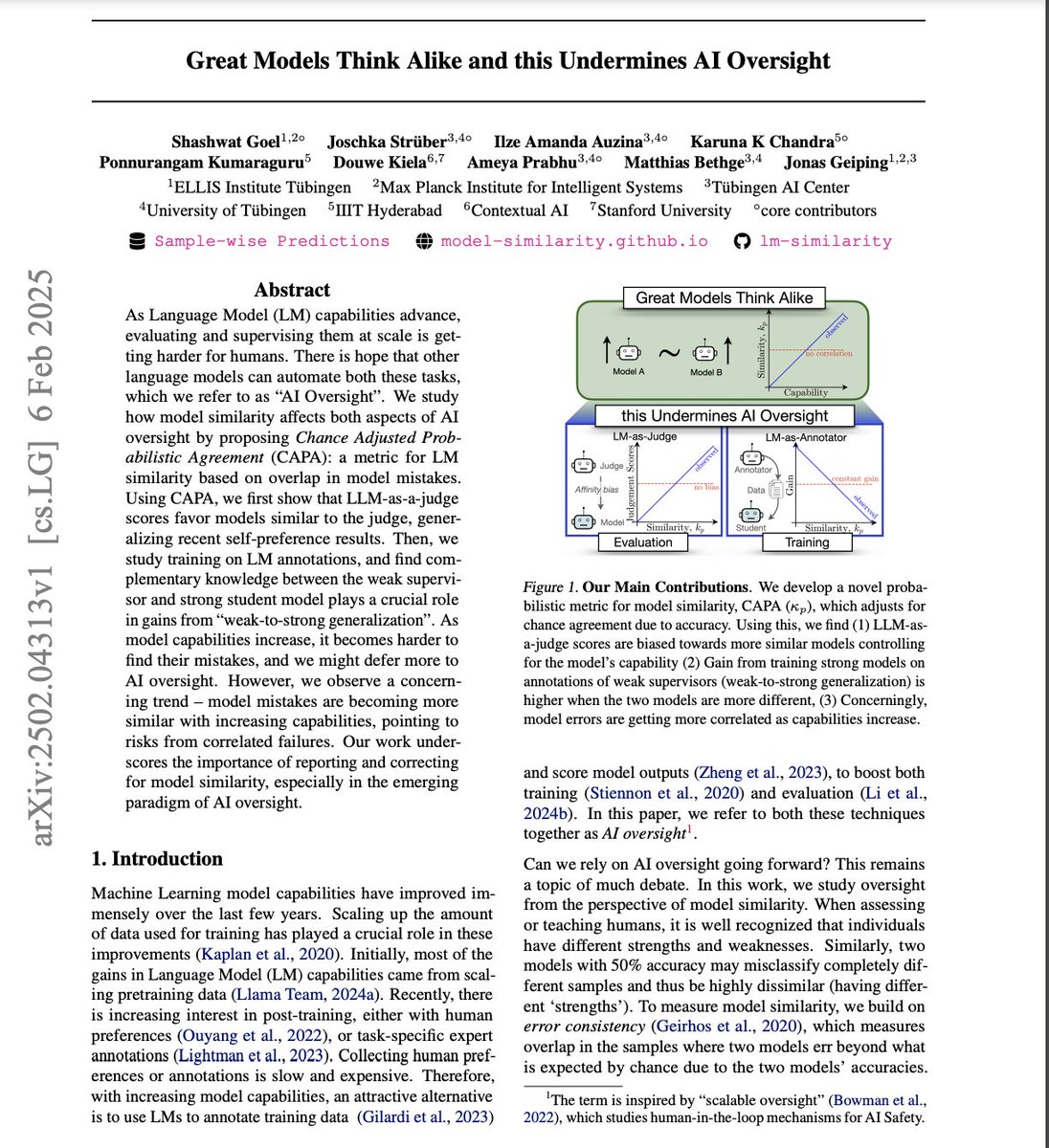 “Great Models Think Alike and this Undermines AI Oversight,” shows that as language models improve, they start making more similar mistakes.

The authors introduce a metric called CAPA that measures how much models agree on their errors—beyond what you'd expect by chance.

They