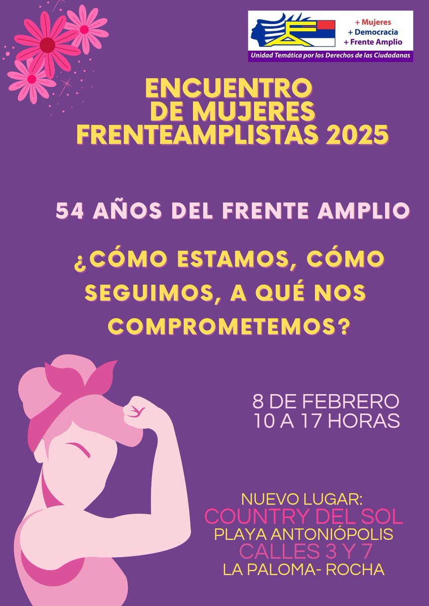 Estamos a nada de encontrarnos en La Paloma a festejar los 54 años del FA, las mujeres frenteamplistas estaremos desde las 10 hs.  pensando juntas. #AltoEncuentro
<a href="/Frente_Amplio/">Frente Amplio</a> <a href="/BUSQUEDAonline/">BÚSQUEDA</a> <a href="/canal10uruguay/">Canal 10</a> <a href="/CarasyCaretasuy/">Caras & Caretas</a> <a href="/5noticiasuy/">Noticias 5</a> <a href="/ladiaria/">la diaria</a> <a href="/CosseCarolina/">Carolina Cosse</a> <a href="/M24radio/">M24</a>