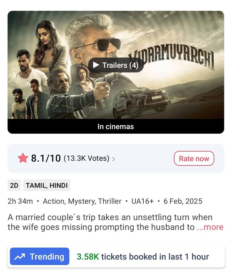 Tamil_critics's tweet photo. OMG 😱 #Thandel overtakes #Vidamuyarchi in hourly trending on @bookmyshow! 

#AjithKumar #VidaaMuyarchi #MagizhThirumeni #BadassRaviKumar #ThandelReview #NagaChaitanya https://t.co/pfzKVwyeMH