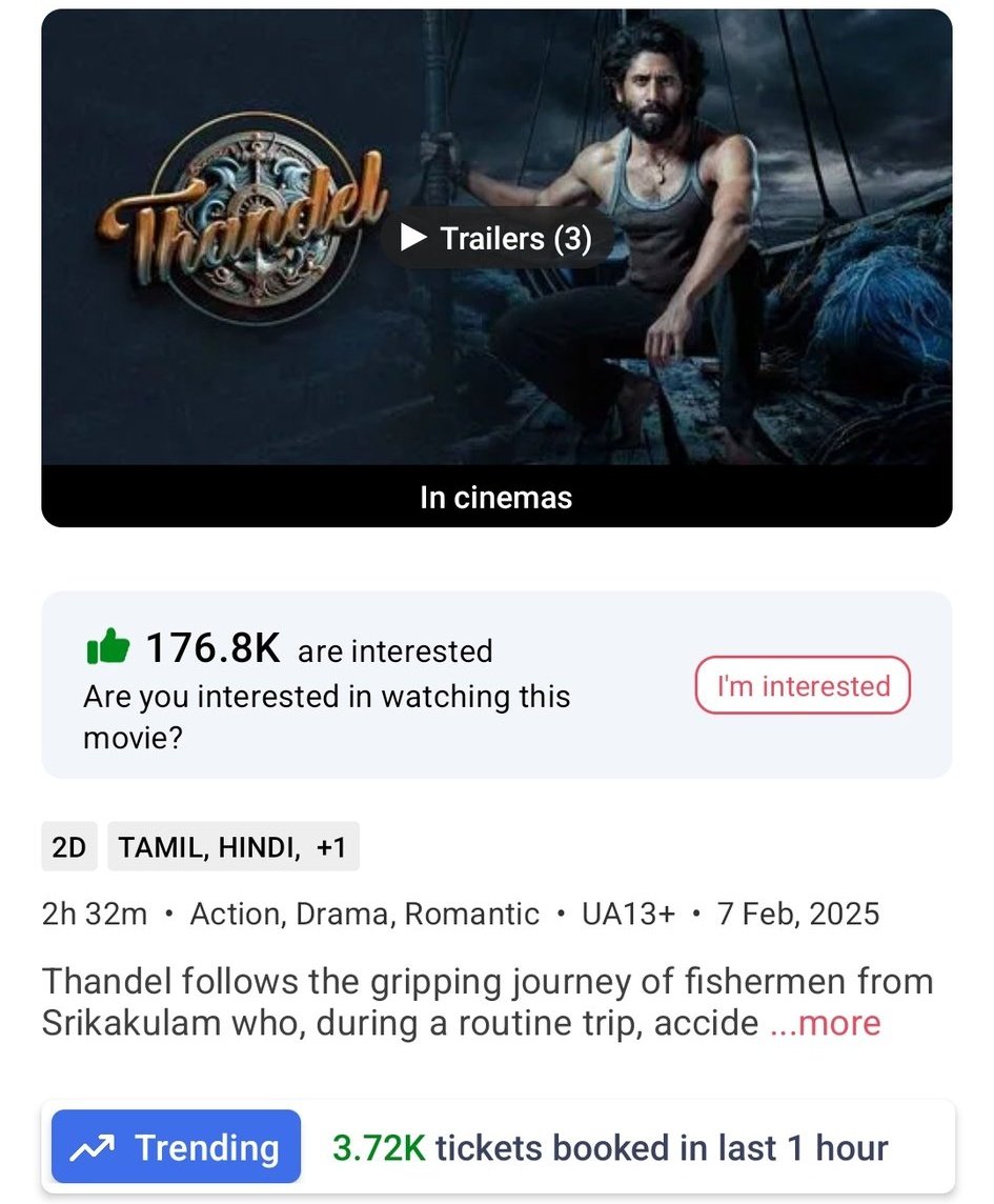 OMG 😱 #Thandel overtakes #Vidamuyarchi in hourly trending on <a href="/bookmyshow/">BookMyShow</a>! 

#AjithKumar #VidaaMuyarchi #MagizhThirumeni #BadassRaviKumar #ThandelReview #NagaChaitanya