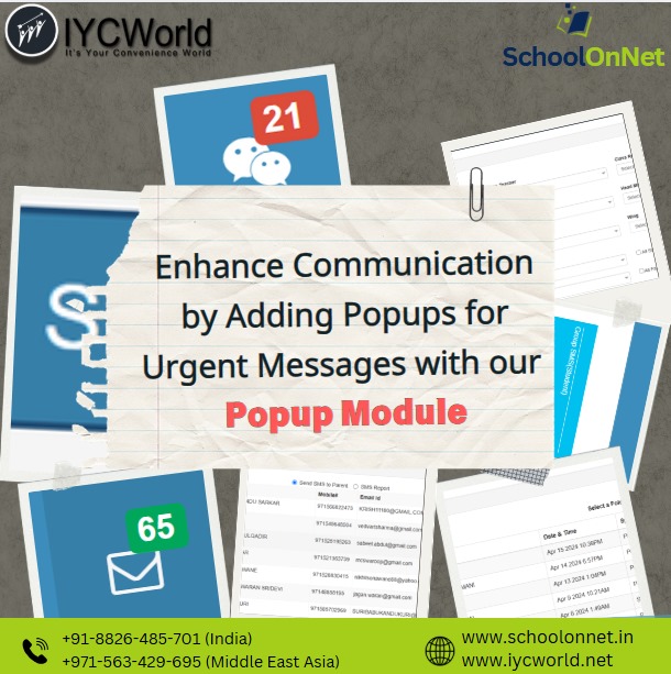 schoolonnet's tweet photo. 🚀 Instantly Notify, Instantly Act! 🚀
With IYCWorld's Popup Module, send real-time notifications for urgent updates announcements directly to students, parents, and staff.
#SchoolERP #IYCWorld #PopupModule #BetterCommunication #SchoolTech https://t.co/wdChNNS5Bt