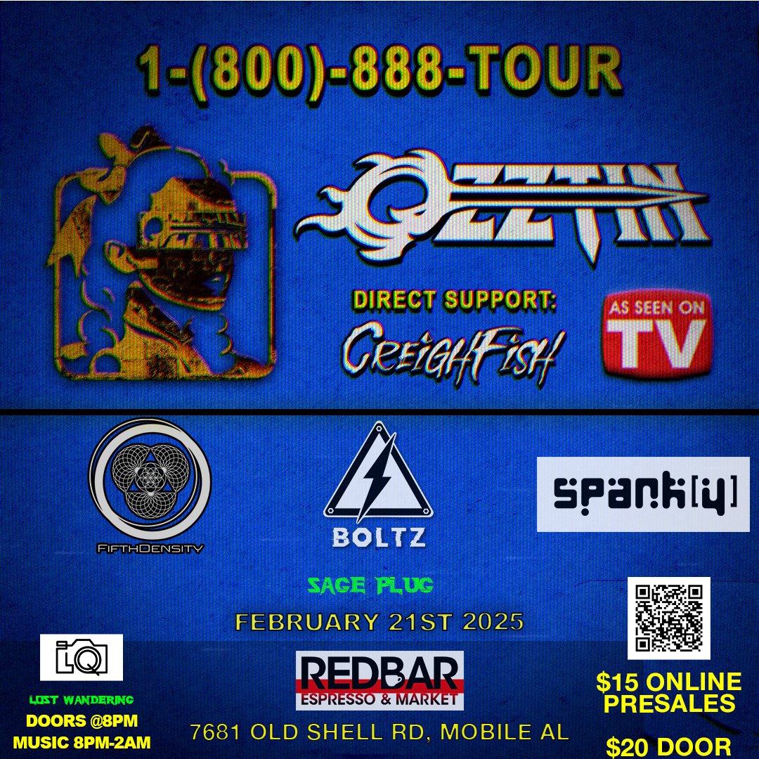 __Boltz__'s tweet photo. 🚨 MOBILE, AL! OZZTIN is coming to Redbar Espresso &amp; Market on Feb 21st! 🔊🔥

⚡ Featuring: OZZTIN, CreighFish, Boltz, FifthDensity, Spank[Y], Sage Plug!
🎟️ $15 Online Presales | $20 Door
🕗 Doors: 8 PM | Music: 8 PM-2 AM
Tag your rave crew &amp; let’s get LOUD! 🎶⚡
#EDM #Dubstep https://t.co/han6g5N99q