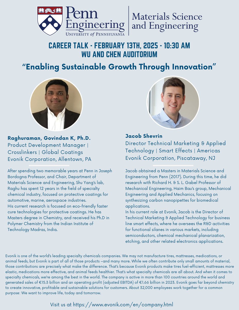 Materials Science and Engineering at Penn (@mseatpenn) on Twitter photo We're excited when our @mseatpenn alumni visit. We're even more delighted when they return to recruit Penn talent.
We welcome Raghuraman Govindan and Jacob Shevrin, from <a href="/EvonikN_America/">Evonik North America</a> who will provide a career talk, "Enabling Sustainable Growth Through Innovation," We're excited when our @mseatpenn alumni visit. We're even more delighted when they return to recruit Penn talent.
We welcome Raghuraman Govindan and Jacob Shevrin, from <a href="/EvonikN_America/">Evonik North America</a> who will provide a career talk, "Enabling Sustainable Growth Through Innovation,"