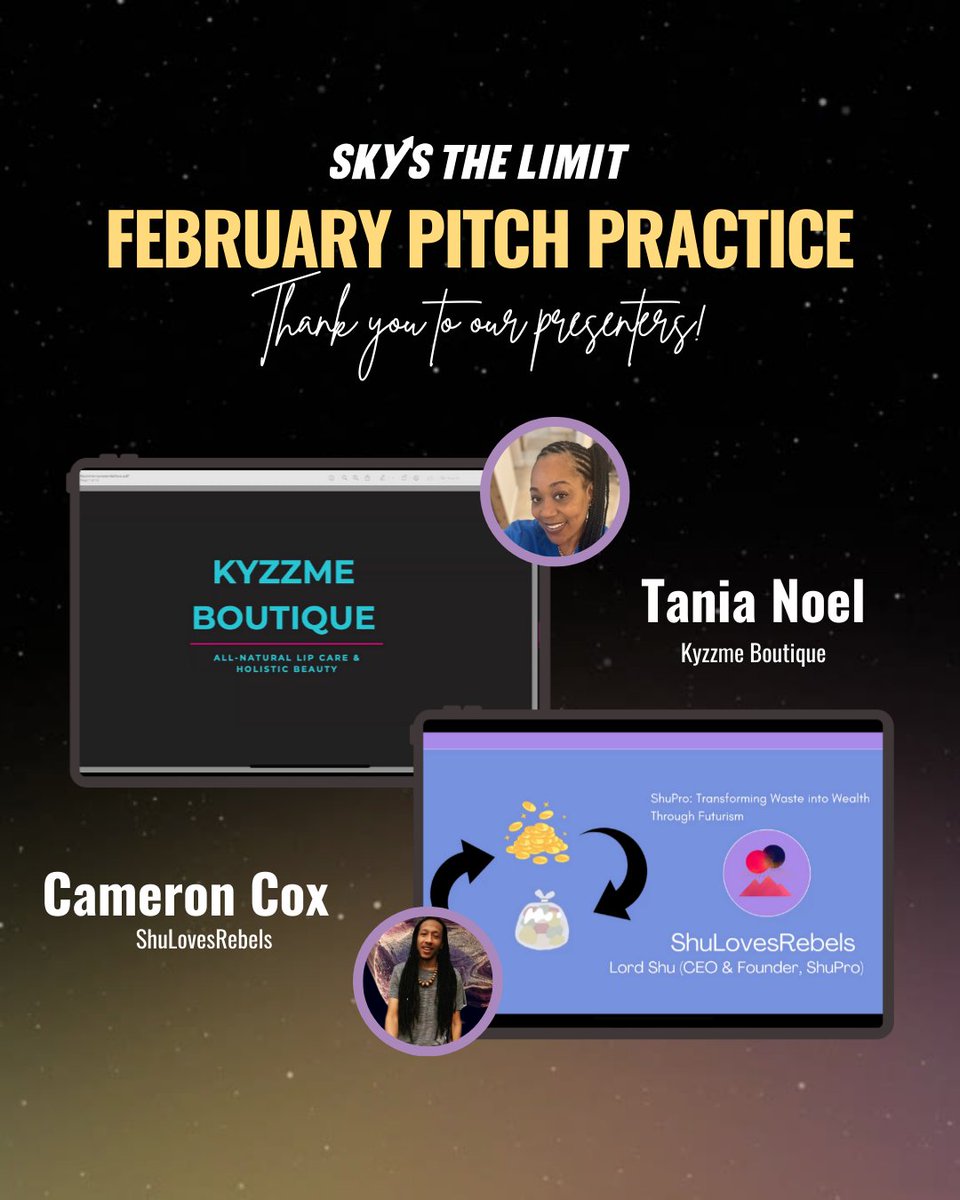 A huge shoutout to Cameron Cox of #ShuLovesRebels and Tania Noel of #KyzmmeBoutique for sharing their inspiring visions at our February #PitchPractice event!
​
Join our community and sign up for our next Pitch Practice event → hubs.la/Q035KGsP0​
​
#SkysTheLimit #STL
