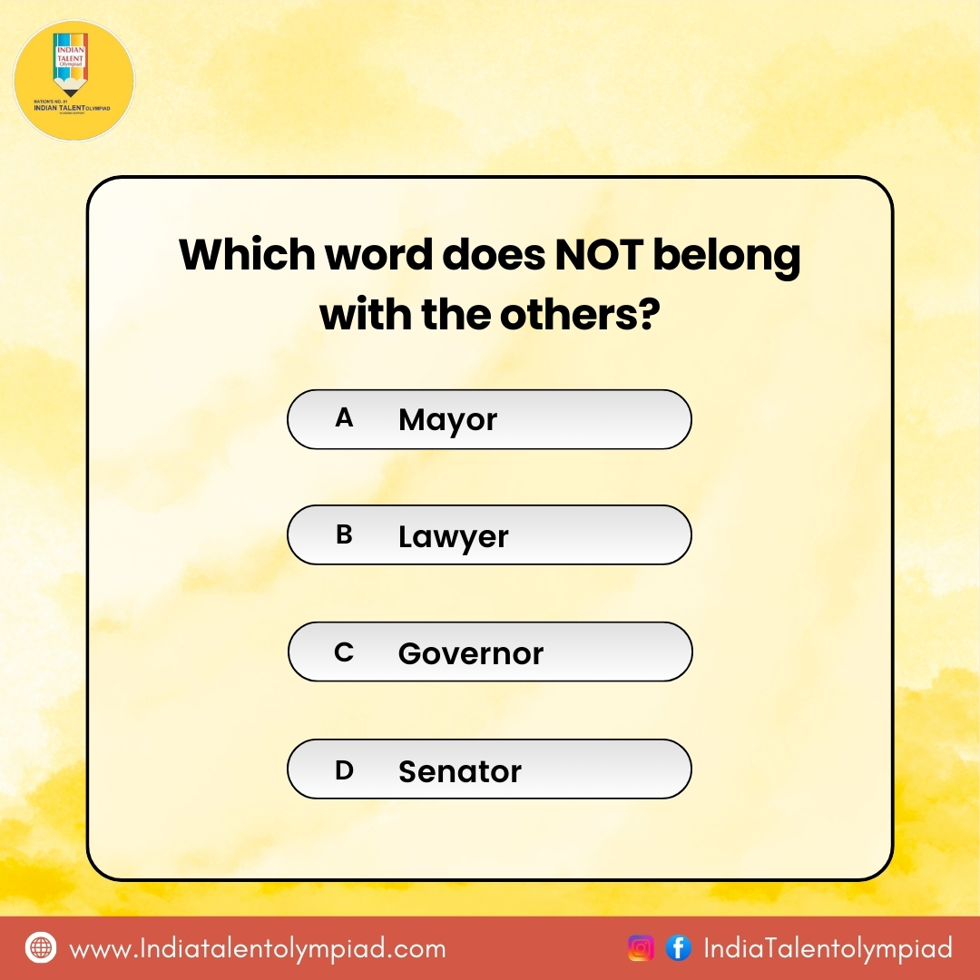 Olympiadexams's tweet image. 🧠 Olympiad Verbal Classification Challenge! Can you spot the odd one out? 🤔✨
Swipe 👉 to test your reasoning skills and drop your answers in the comments!⬇️
.
.
.
#BrainTeaser #OlympiadChallenge #VerbalReasoning #MindGame #SwipeToSolve #PuzzleTime #IndianTalentolympiad