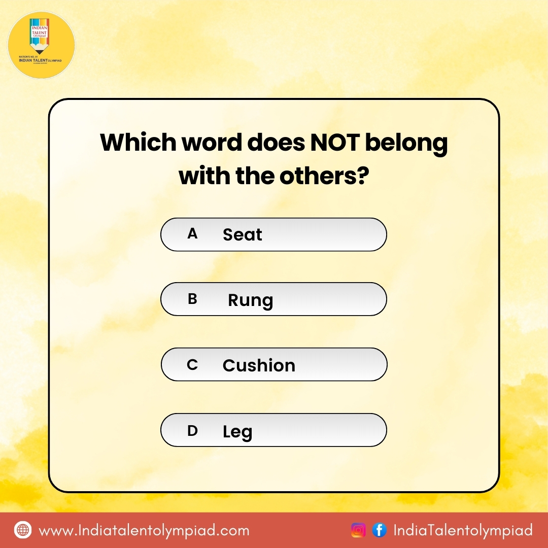 Olympiadexams's tweet image. 🧠 Olympiad Verbal Classification Challenge! Can you spot the odd one out? 🤔✨
Swipe 👉 to test your reasoning skills and drop your answers in the comments!⬇️
.
.
.
#BrainTeaser #OlympiadChallenge #VerbalReasoning #MindGame #SwipeToSolve #PuzzleTime #IndianTalentolympiad
