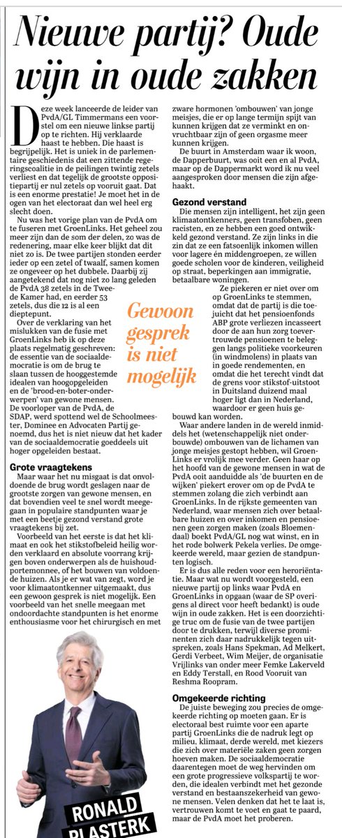 IJzersterke column van Plasterk over de nieuwe linkse fusiepartij 

Klimaat en stikstofbeleid zijn heilig verklaard boven de huishoudportemonnee. Als je er wat van zegt, ben je een klimaatontkenner. Een gewoon gesprek is niet mogelijk 🔥