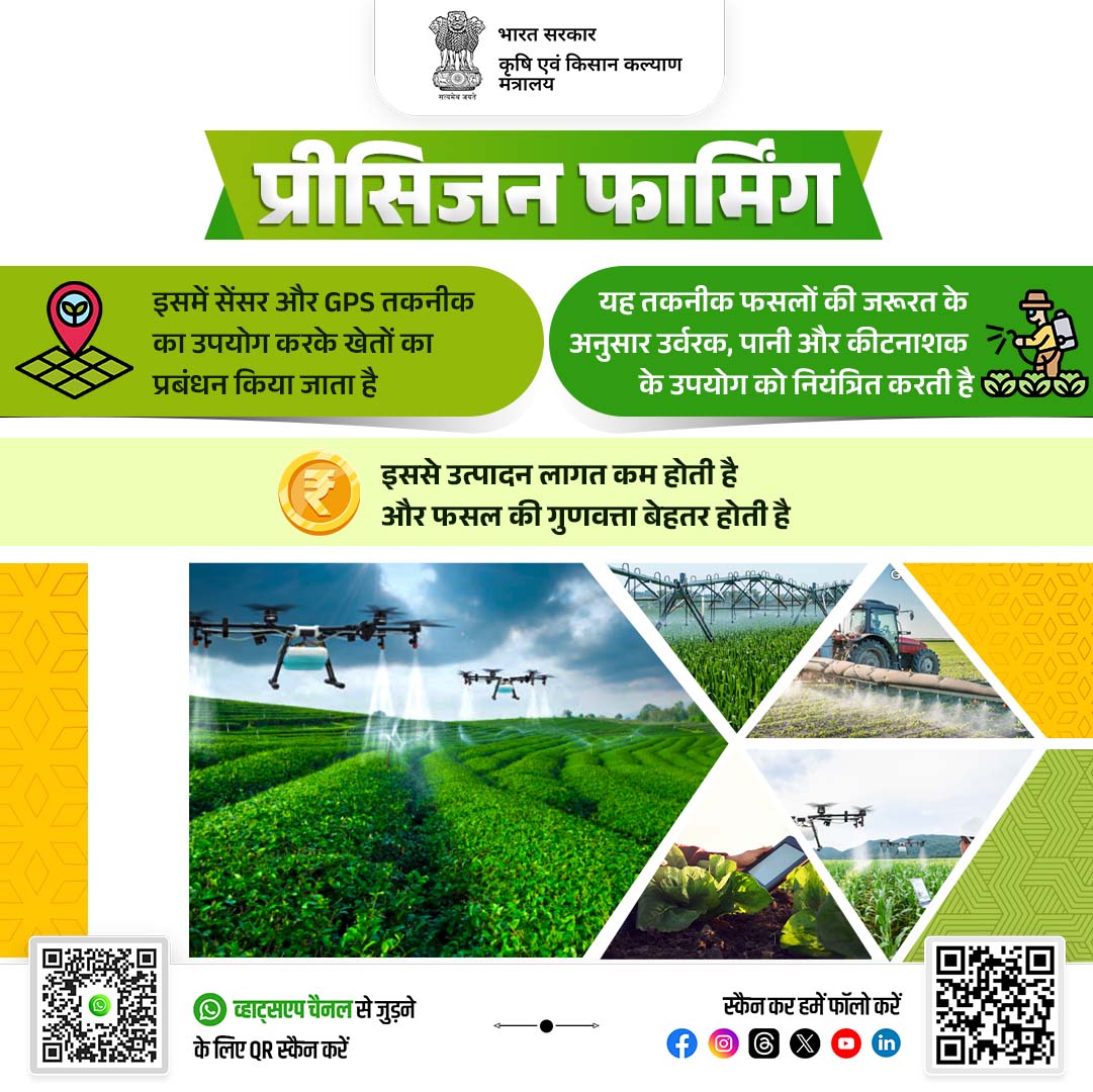 AgriGoI's tweet image. प्रीसिजन फार्मिंग एक प्रकार की स्मार्ट खेती है जिसके अंतर्गत सेंसर, जीपीएस और अन्य आधुनिक तकनीकों का इस्तेमाल किया जाता है। इस तकनीक के माध्यम से फसलों की जरूरत के हिसाब से खाद, कीटनाशक और पानी दिया जाता है।

#AgriGoI #PrecisionFarming #SmartFarming #DigitalAgriculture…