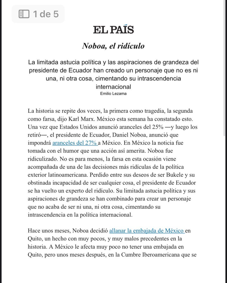 ¡NOBOA EL RIDÍCULO!
Por Emilio Lezama. "La limitada astucia política y las aspiraciones de grandeza del presidente de Ecuador, Daniel Noboa, han creado un personaje que no es ni una, ni otra cosa, cimentando su intrascendencia internacional".  ▶️
<a href="/elpais_america/">EL PAÍS América</a>