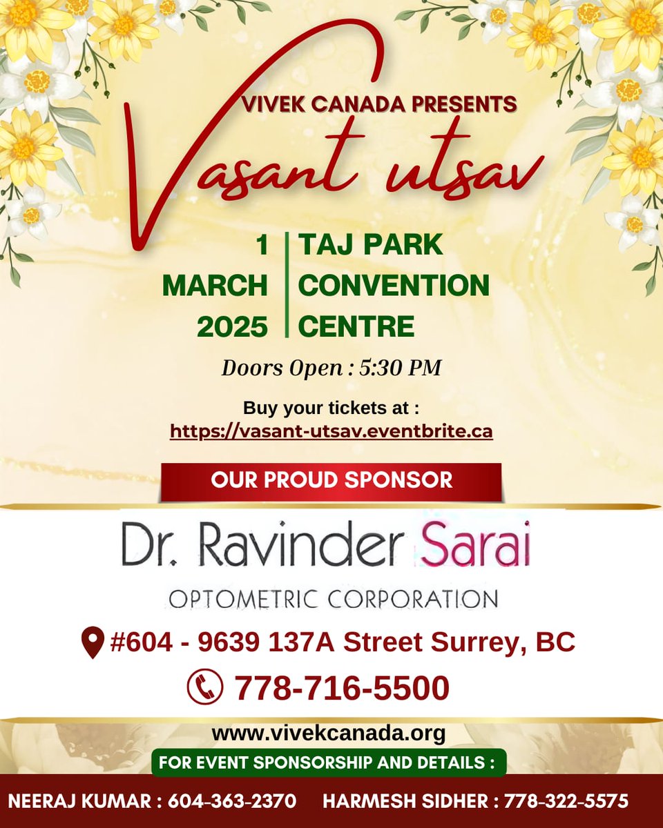 Thank you Dr. Ravinder Sarai for supporting our community event, #VasantUtsav taking place on March 1st! 🙏   

To purchase your ticket visit: 
vasant-utsav.eventbrite.ca 

#Gratitude #CommunitySupport