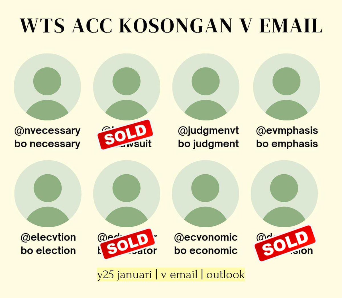 WTS ACC KOSONGAN 
VERIF ALL &amp; EMAIL

🏷 Y Lama verif all 9.000
🏷 Y Lama verif email 8.000
🏷 Y 2025 verif email 6.500

✨️ Cek detail in ALT ✨️
⚡️Order WA fast respon⚡️

wa.me/628988186870
#ZonaUang 008