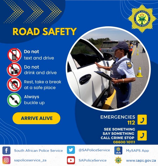 SAPoliceService's tweet photo. #sapsHINT #SafetyFriday The #SAPS encourage all road users to practice responsible driving behaviour . Help keep our roads safe. #ArriveAlive #RoadSafety NP https://t.co/McHvcvm6rI