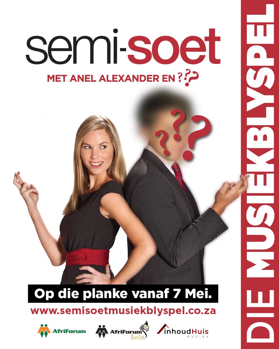 Nog opwindende 'Semi-Soet' nuus! Ja, jy het reg gelees: 'Semi-Soet' Die Musiekblyspel is eersdaags op die planke met ’n splinternuwe rolverdeling. Wie dink julle gaan die manlike hoofrol vertolk? #AfroforumTeater <a href="/InhoudHuisMus/">Inhoud Huis Musiek</a>