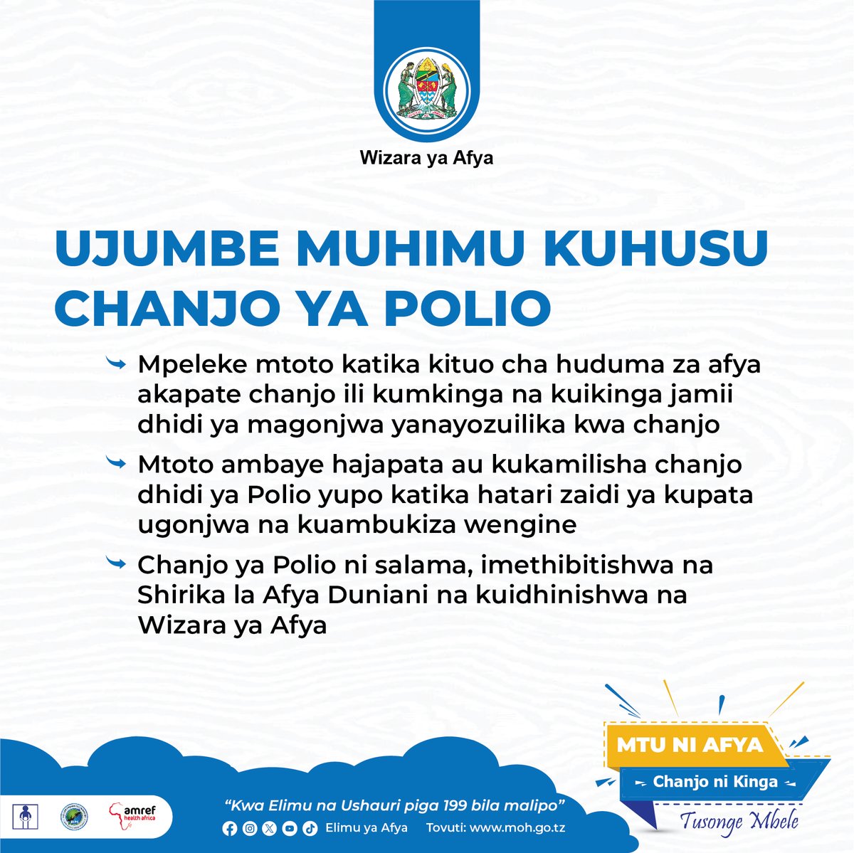 Je unafahamu kuwa ugonjwa wa polio huweza kuaambukizwa kwa vyakula na vinywaji?? elimu zaidi👇👇
Chukua hatua, mpeleke mtoto wako apate chanjo sasa.

#MtuNiAfyaChanjoNiKingaTusongeMbele