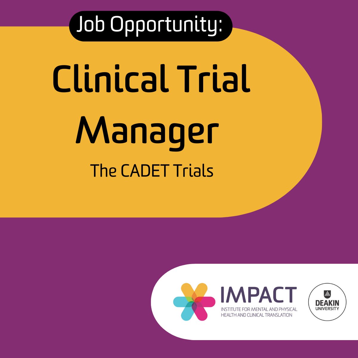 IMPACT (@impactdeakin) on Twitter photo We're hiring a Clinical Trial Manager to oversee the CADET Trials - investigating the potential of a commonly used blood pressure medication as an adjunctive treatment for depression in bipolar disorder  and major depressive disorder. Details: deakin.au/3Eug4Hm We're hiring a Clinical Trial Manager to oversee the CADET Trials - investigating the potential of a commonly used blood pressure medication as an adjunctive treatment for depression in bipolar disorder  and major depressive disorder. Details: deakin.au/3Eug4Hm