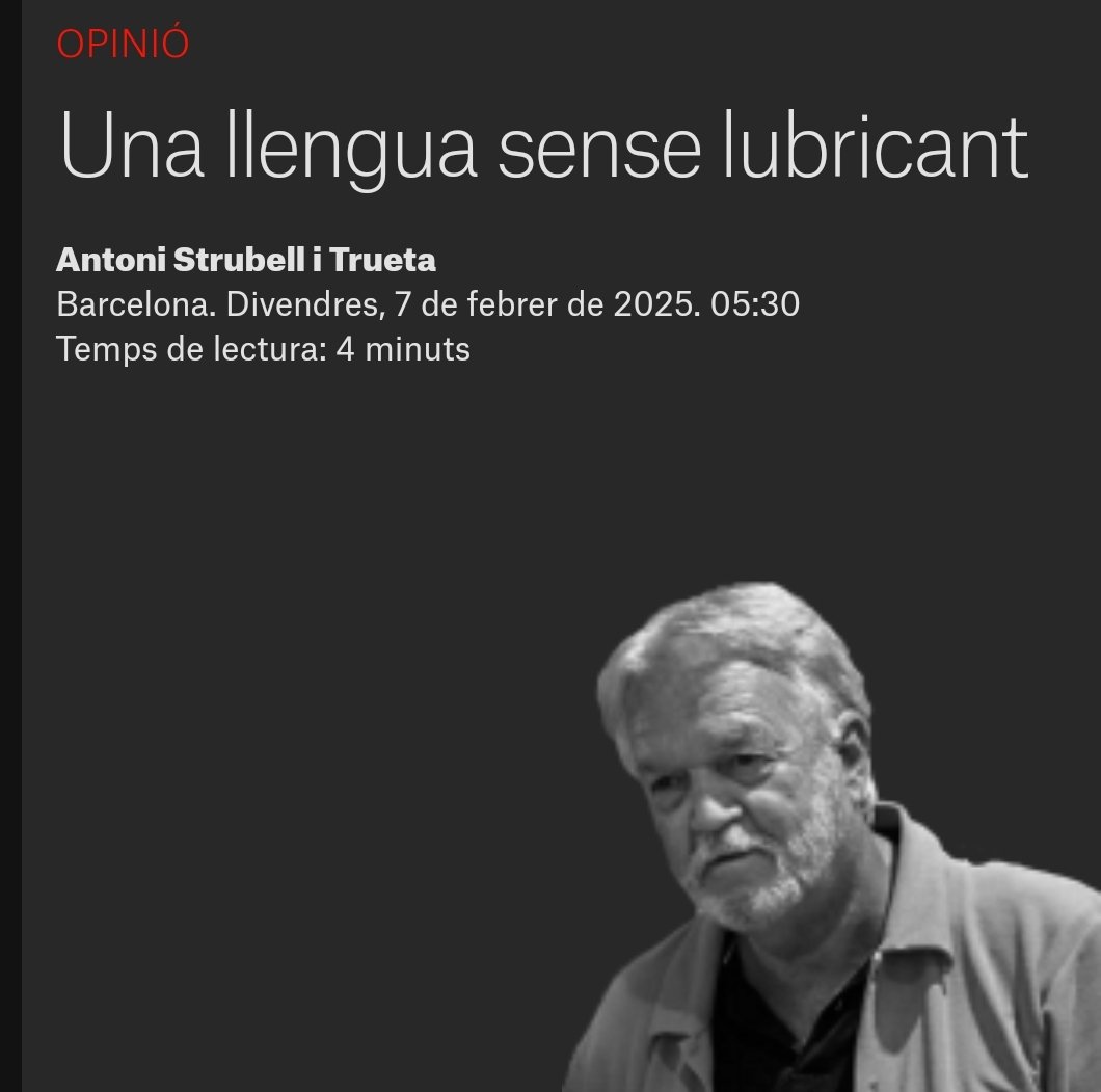 UNA LLENGUA SENSE LUBRICANT de Toni Strubell 

 "No és fins que et trobes amb gent formada al Quebec, a Flandes o als diversos cantons suïssos, que t'adones que tenim una manca de "lubricant" lingüístic esfereïdora a casa nostra" 
elnacional.cat/ca/opinio/llen…