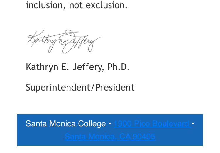 College President abuse of authority to influence student body and further divide our community. Hold a higher professional standard. Leave personal views out of it. Just say you're defying the order based on California Law. Not all the other biased and divisive language.