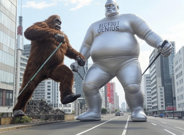 ReallySasquatch's tweet image. A Sasquatch Kaiju is fighting a MechaMattMoneymaker in downtown Tokyo. This. Rocks.
