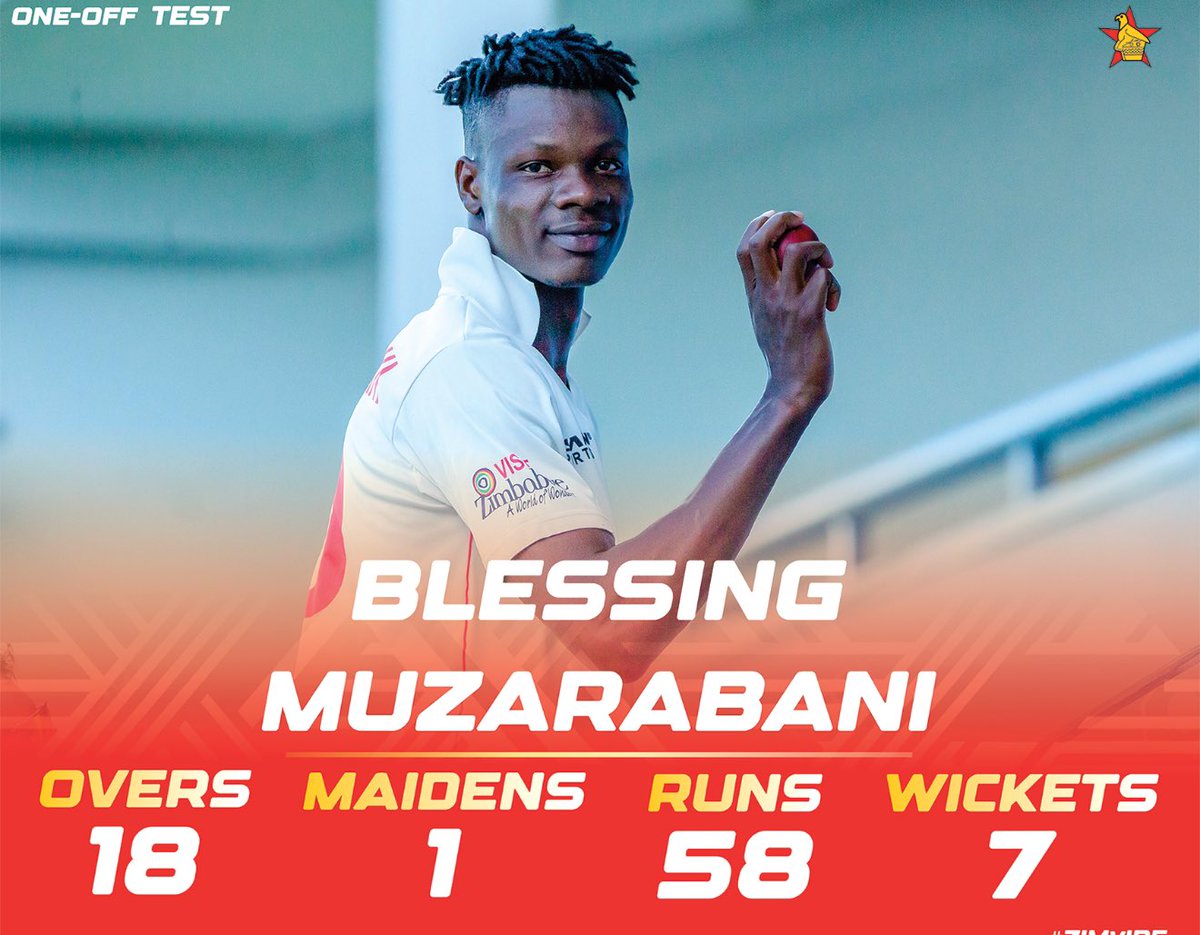 advocatemahere's tweet photo. 🔸MOMENT OF SILENCE for 🔥Blessing Muzarabani who became the first Zimbabwean pace bowler to take a seven-wicket haul in Test cricket and has the second-best figures from a Zimbabwean bowler!

Ireland were bowled out for 260.

Let’s not scroll past as if this didn’t happen. Congratulations Blessing and well done to the team! Keep going! We are cheering you on!

#TeamZimbabwe🇿🇼🇿🇼🇿🇼🇿🇼🇿🇼

RETWEET