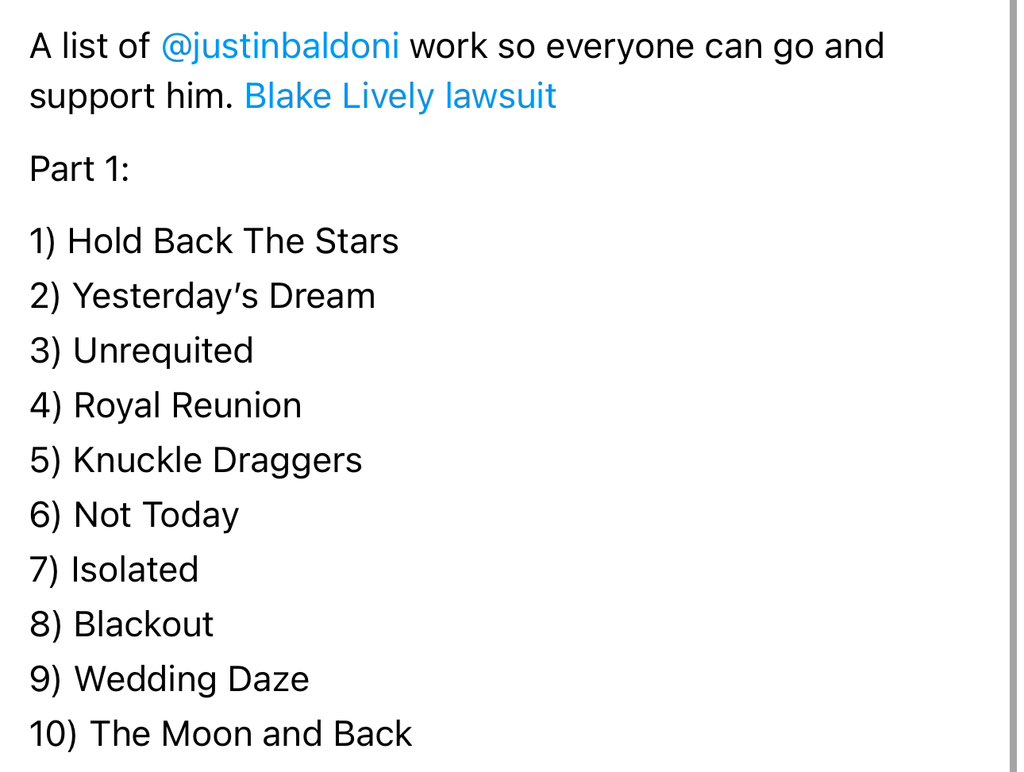 friendsand90s's tweet photo. Here’s a list of @justinbaldoni work so y’all can go support him and show his family some love. #justiceforjustin #justiceforjustinbaldoni https://t.co/InR6Dzsw9O