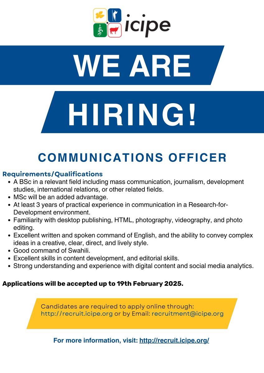 icipe (@icipe) on Twitter photo Are you an upcoming, creative communicator?
Do you want to be involved in storytelling on insects, and their transformative power in sustainable development?
Then this position may be for you.
#Vacancy #Jobs #IkoKaziKE <a href="/JobsKE/">Jobs in Kenya</a> <a href="/KenyaJobAdverts/">#JobsInKenya</a> #Careers Are you an upcoming, creative communicator?
Do you want to be involved in storytelling on insects, and their transformative power in sustainable development?
Then this position may be for you.
#Vacancy #Jobs #IkoKaziKE <a href="/JobsKE/">Jobs in Kenya</a> <a href="/KenyaJobAdverts/">#JobsInKenya</a> #Careers