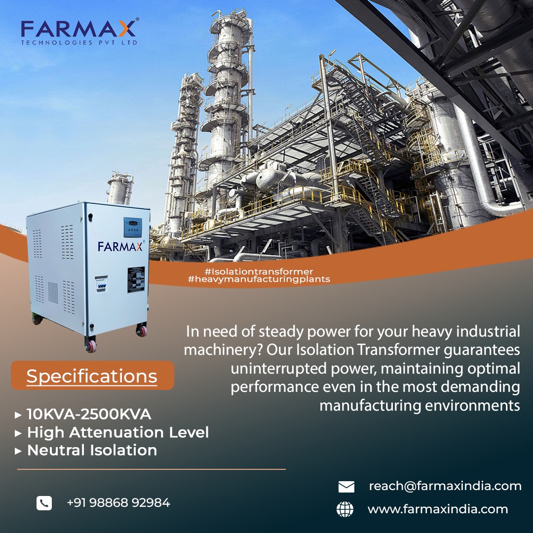 FarmaxT's tweet image. In need of steady power for your heavy industrial machinery?
Our Isolation Transformer guarantees uninterrupted power, maintaining optimal performance even in the most demanding manufacturing environments.
#IsolationTransformer #heavymanufacturingplant

🌐farmaxindia.com