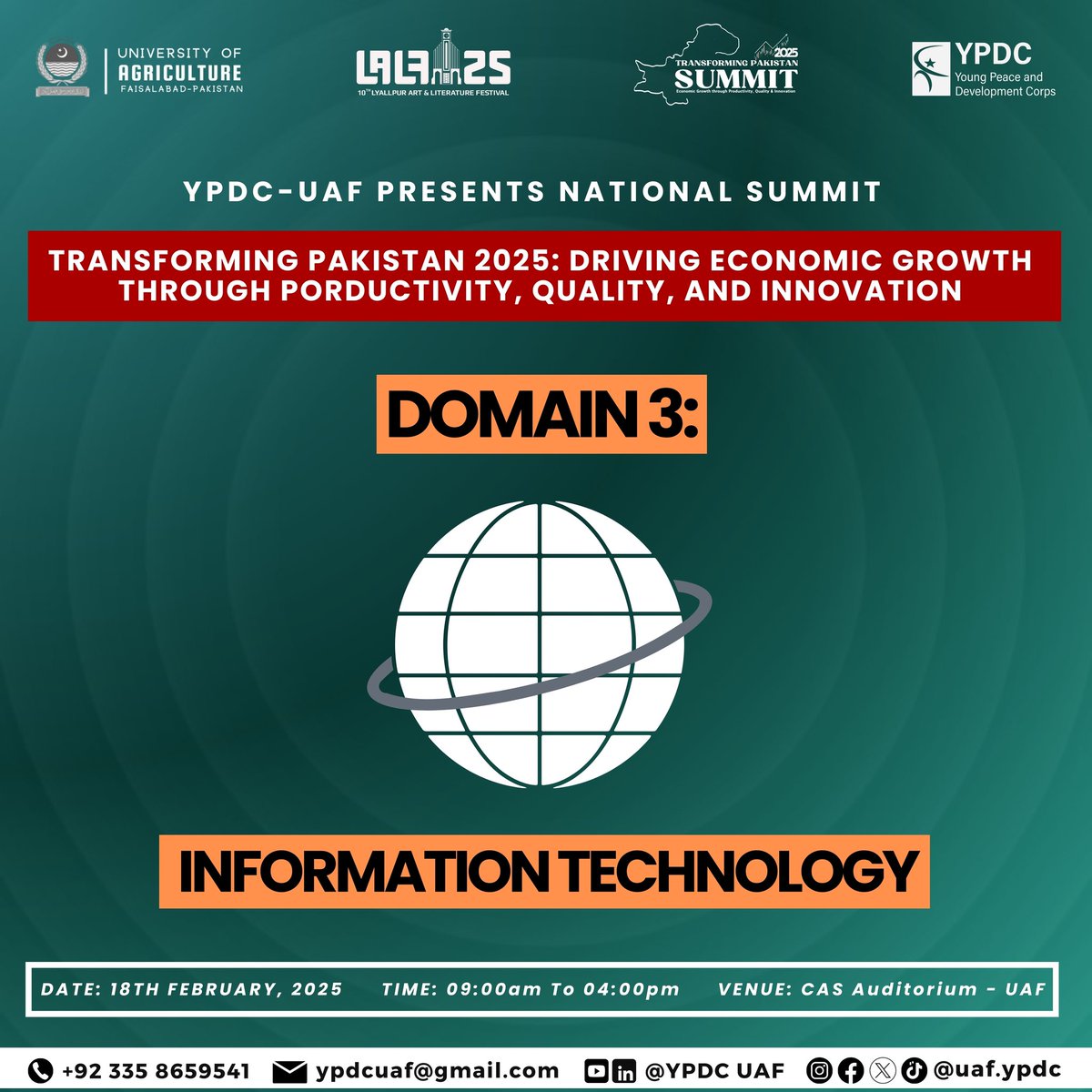 uaf_ypdc's tweet photo. Introducing our 𝐃𝐨𝐦𝐚𝐢𝐧 3: 𝐈𝐧𝐟𝐨𝐫𝐦𝐚𝐭𝐢𝐨𝐧 𝐓𝐞𝐜𝐡𝐧𝐨𝐥𝐨𝐠𝐲!
 Join as at the 𝐘𝐏𝐃𝐂-𝐔𝐀𝐅 𝐍𝐚𝐭𝐢𝐨𝐧𝐚𝐥 𝐒𝐮𝐦𝐦𝐢𝐭 2025
Register now! 
https://t.co/J4kmYbQMJw

#SummitForChange #YPDCInnovationSummit #10thLALF #DigitalPakistan #InnovationForPakistan https://t.co/Q255q4dJjw