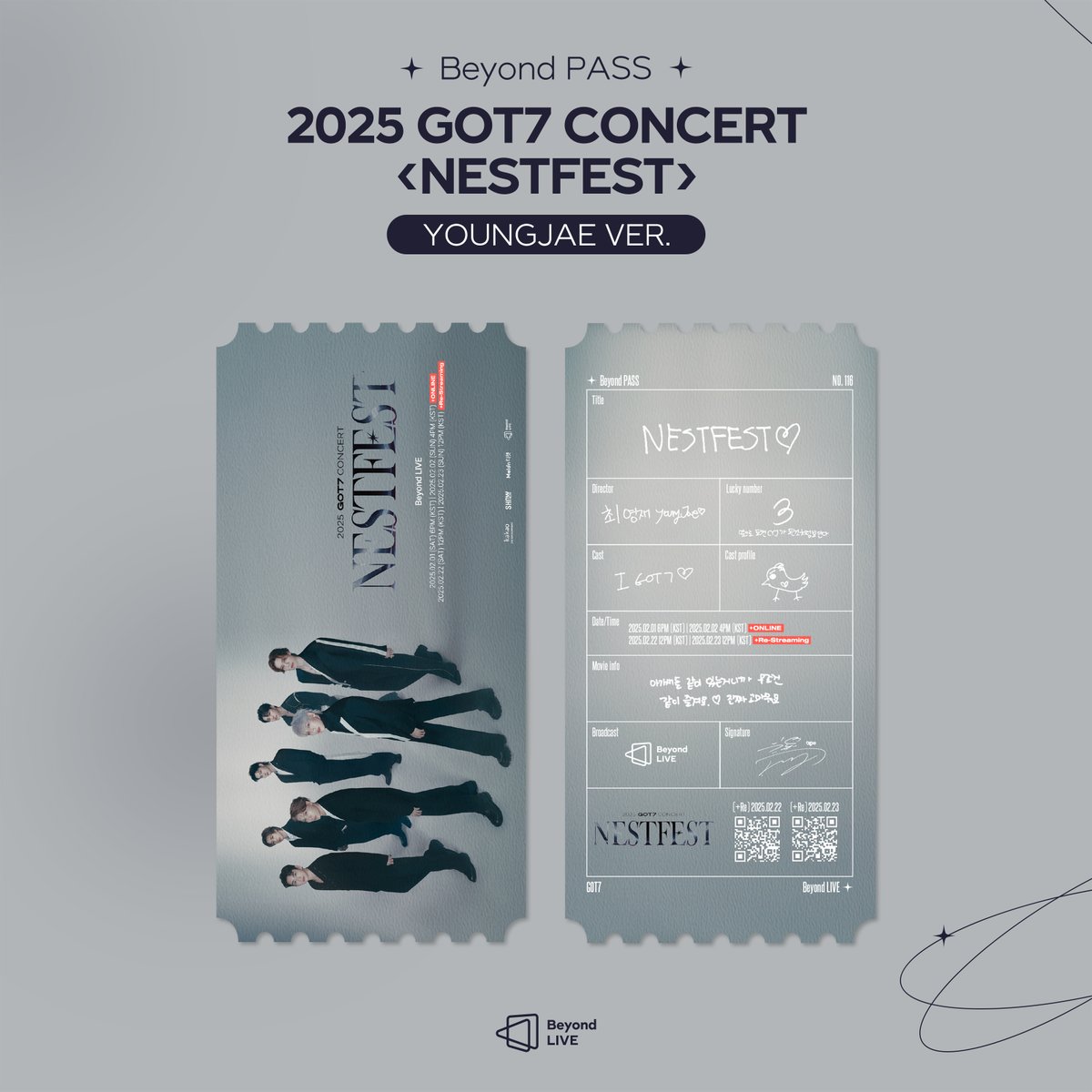 Beyond_LIVE's tweet photo. Beyond LIVE - 2025 GOT7 CONCERT <NESTFEST>

🎫Beyond PASS
; GOT7

🎬Director YOUNGJAE

“아가새들 같이 있는 거니까 무조건 같이 즐겨요. 💚 진짜 고마워요”

📂원본 다운로드(Download/原本ダウンロード)
✦(front) https://t.co/5Var3rOh2Z
✦(back) https://t.co/su5IvbEfgr

📆Re-Streaming
[2/1] 2/22(SAT) 12PM(KST) 
🔗https://t.co/Sxe53C0hph
[2/2] 2/23(SUN) 12PM(KST)
🔗https://t.co/7gdFHyMQxp

#GOT7 #갓세븐
#NESTFEST #GOT7_NESTFEST
#BeyondLIVE #비욘드라이브