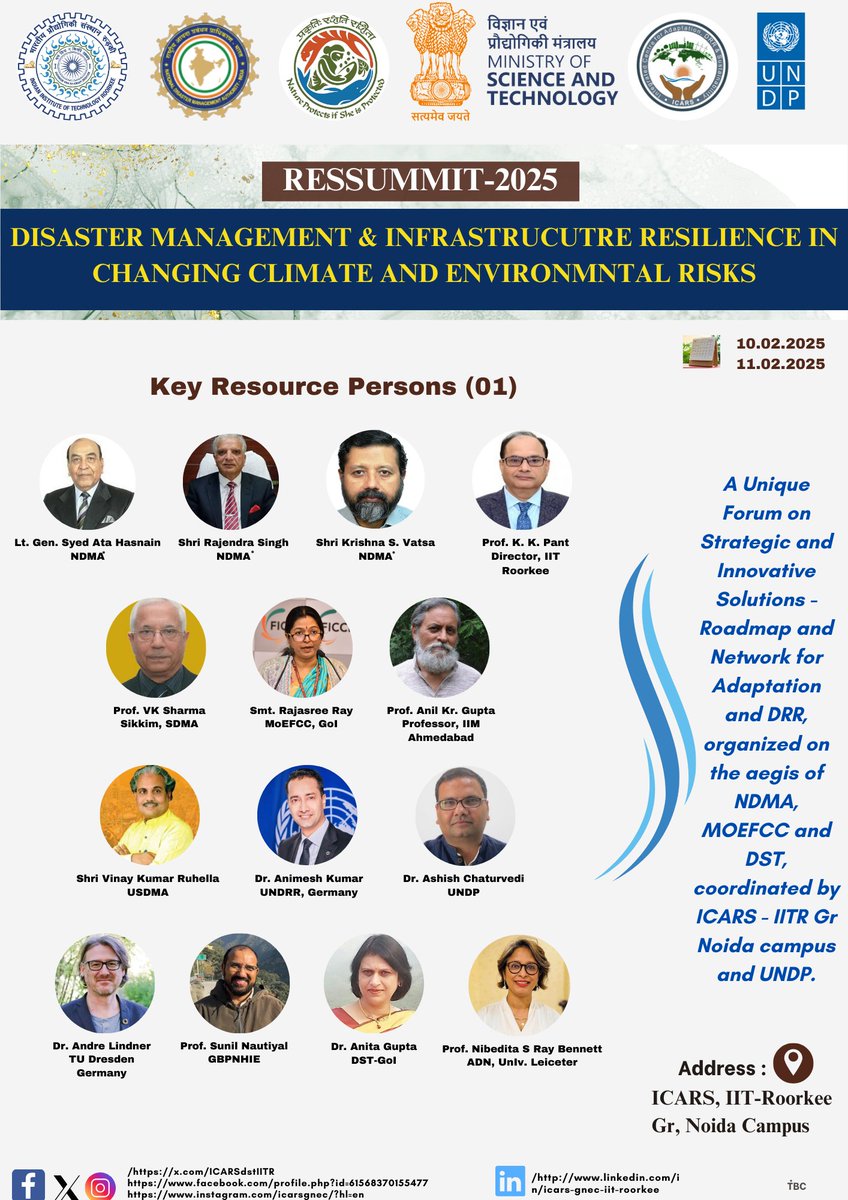 🚨 RESSUMMIT 2025| Shaping Climate Resilience &amp; Disaster Management
🌍 A high-level forum on strategic solutions for adaptation &amp; resilience
📅 10-11 Feb 2025 | 📍 ICARS, IIT Roorkee (GNEC) 
By <a href="/ICARSdstIITR/">ICARS GNEC IIT-Roorkee</a> <a href="/AvoidableN/">Avoidable Deaths Network</a> <a href="/iitroorkee/">IIT Roorkee</a>  <a href="/IndiaDST/">DSTIndia</a> <a href="/moefcc/">MoEF&CC</a> <a href="/ndmaindia/">NDMA India | राष्ट्रीय आपदा प्रबंधन प्राधिकरण 🇮🇳</a> <a href="/UNDP_India/">UNDP India</a> <a href="/UNDP/">UN Development</a>