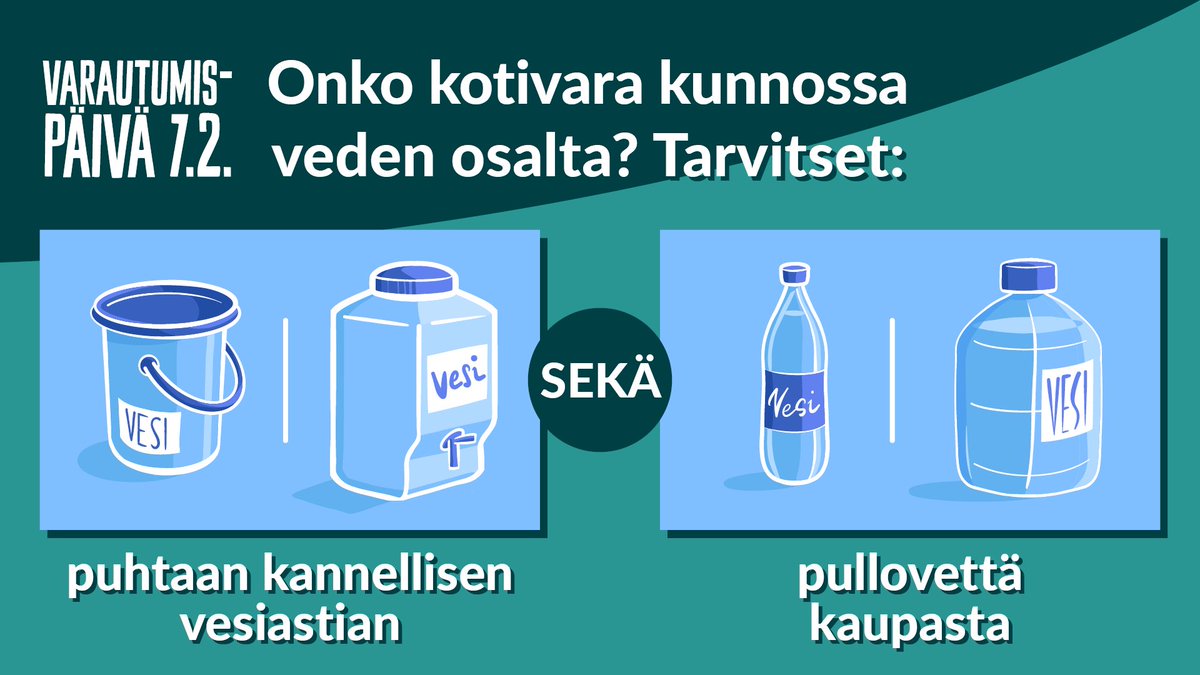 Tämän vuoden valtakunnallisen varautumispäivän teemana on kotivara alkaa vedestä. #Varautumispäivä #72tuntia

”Mitä tehdä, jos hanasta ei tule vettä? Miksi kotona pitäisi olla pullovettä, kun sitä saa tarvittaessa kaupasta? Mihin tyhjää puhdasta ämpäriä tai kanisteria tarvitaan?”
