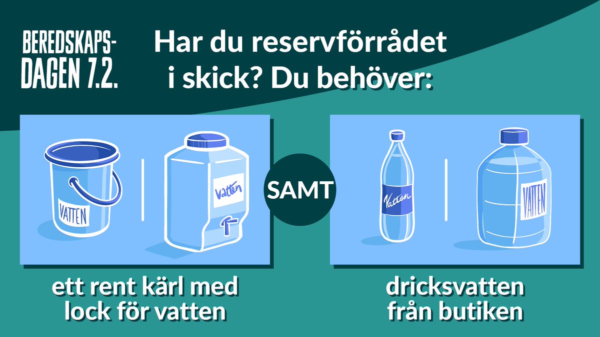 I dag vi firar beredskapsdagen. Temat är: Vattnet kommer först. #beredskapsdagen

”Vad ska man göra om det inte kommer vatten ur kranen? Varför ska jag ha flaskvatten hemma, eftersom det finns i butiken? Varför behövs en tom och ren hink eller behållare?”