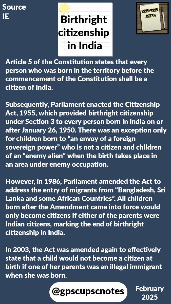 gpscupscnotes's tweet image. Birthright citizenship in India
ભારતમાં જન્મજાત નાગરિકતા

#birthrightcitizenshipinindia
#citizenship 
#citizenshipinindia

#GPSC 
#UPSC 
#MPSC 
#KPSC 
#UPPSC 
#MPPSC 
#TNPSC 
#APPSC